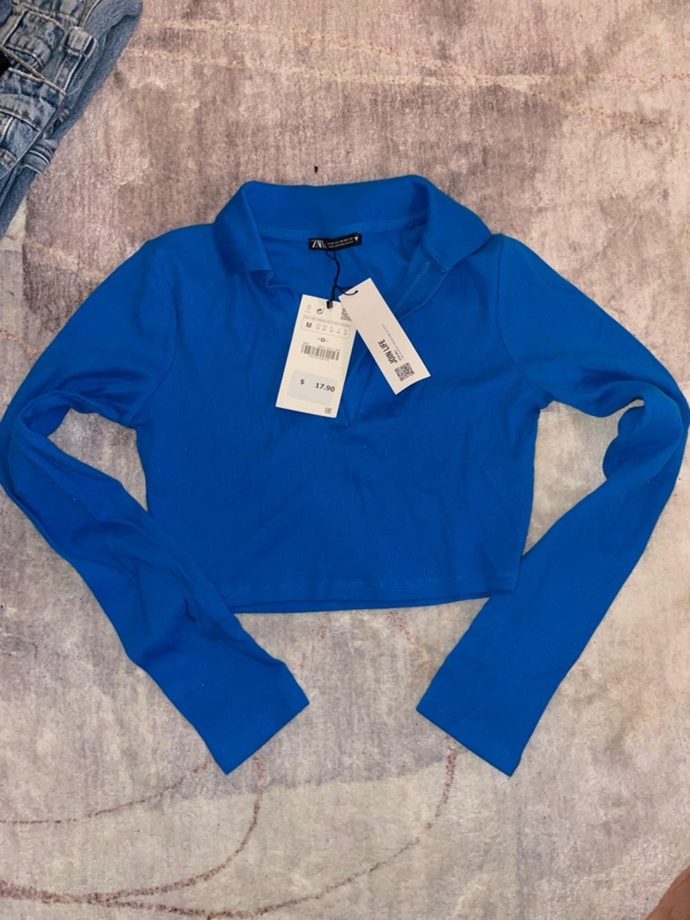 Zara Bright Blue Ribbed Long-Sleeve Cropped Polo
